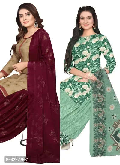 Elegant Multicoloured Cotton Printed Dress Material with Dupatta For Women (Combo Pack of 2)-thumb0