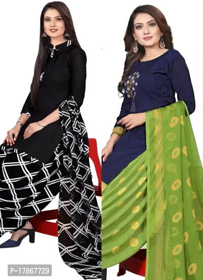 Black  Navy Blue Crepe Printed Dress Material with Dupatta For Women (Combo pack of 2)