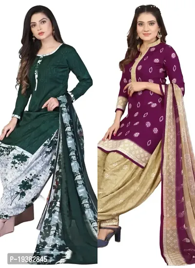 Green  Purple Crepe Printed Dress Material with Dupatta For Women (Combo pack of 2)