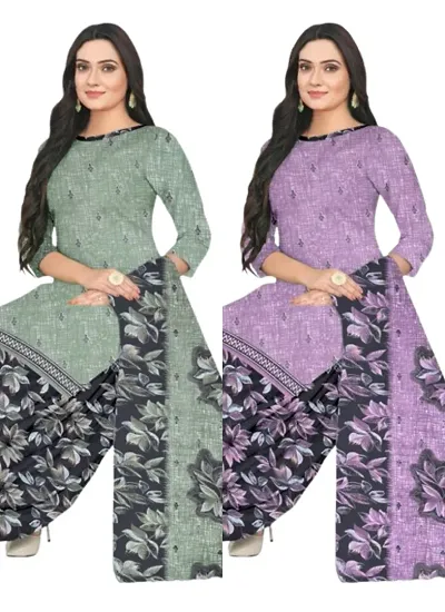 Stylish Cotton Blend Printed Unstitched Suits - Pack Of 2