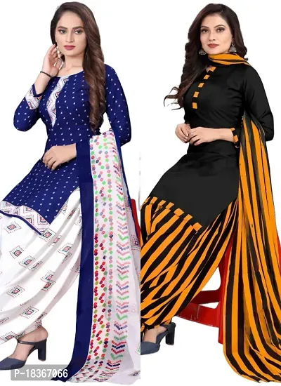 Navy Blue  Black Crepe Printed Dress Material with Dupatta For Women (Combo pack of 2)-thumb0