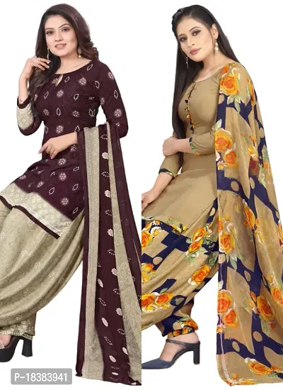 Wine  Beige Crepe Printed Dress Material with Dupatta For Women (Combo pack of 2)-thumb0