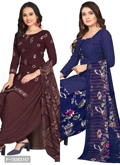 Wine  Navy Blue Crepe Printed Dress Material with Dupatta For Women (Combo pack of 2)