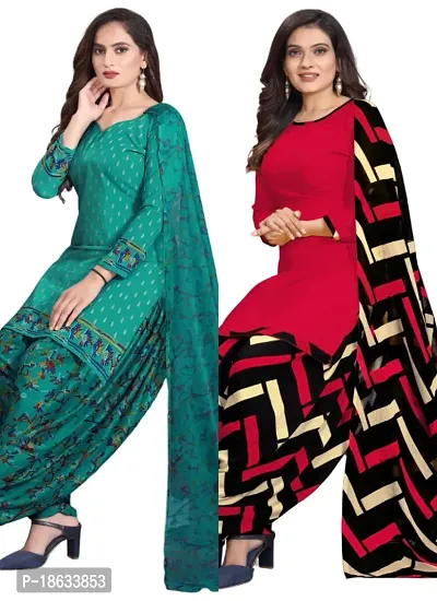 Teal  Red Crepe Printed Dress Material with Dupatta For Women (Combo pack of 2)-thumb0