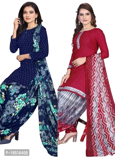 Navy Blue  Maroon Crepe Printed Dress Material with Dupatta For Women (Combo pack of 2)-thumb0