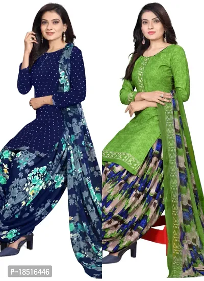 Navy Blue  Green Crepe Printed Dress Material with Dupatta For Women (Combo pack of 2)