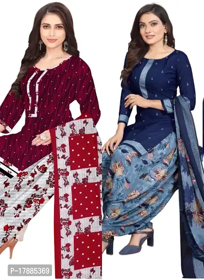 Maroon  Blue Crepe Printed Dress Material with Dupatta For Women (Combo pack of 2)-thumb0