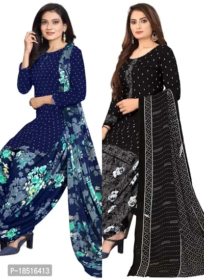 Navy Blue  Black Crepe Printed Dress Material with Dupatta For Women (Combo pack of 2)-thumb0
