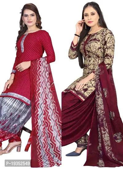 Maroon  Beige Crepe Printed Dress Material with Dupatta For Women (Combo pack of 2)-thumb0