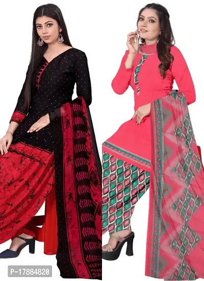 Black  Pink Crepe Printed Dress Material with Dupatta For Women (Combo pack of 2)