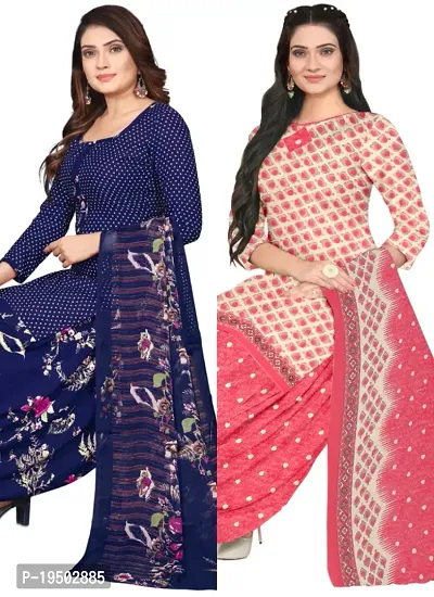 Navy Blue  Pink Crepe Printed Dress Material with Dupatta For Women (Combo pack of 2)-thumb0