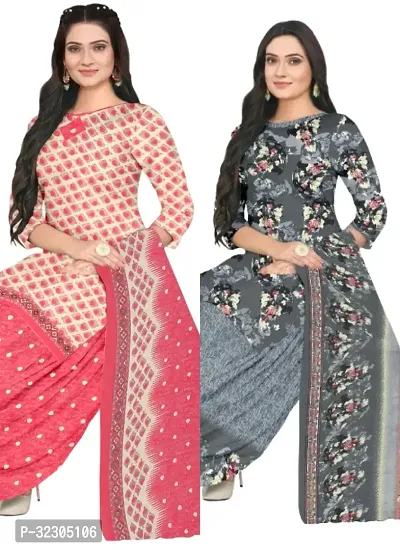 Elegant Multicoloured Cotton Printed Dress Material with Dupatta For Women - Pack of 2