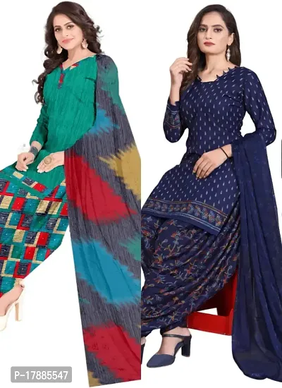 Turquoise  Navy Blue Crepe Printed Dress Material with Dupatta For Women (Combo pack of 2)-thumb0