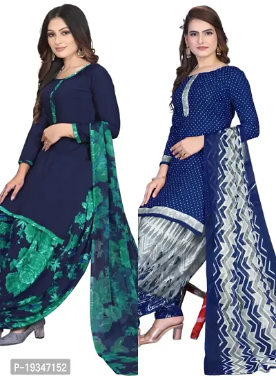 Blue  Navy Blue Crepe Printed Dress Material with Dupatta For Women (Combo pack of 2)