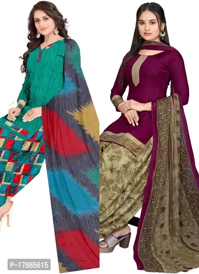 Turquoise  Wine Crepe Printed Dress Material with Dupatta For Women (Combo pack of 2)