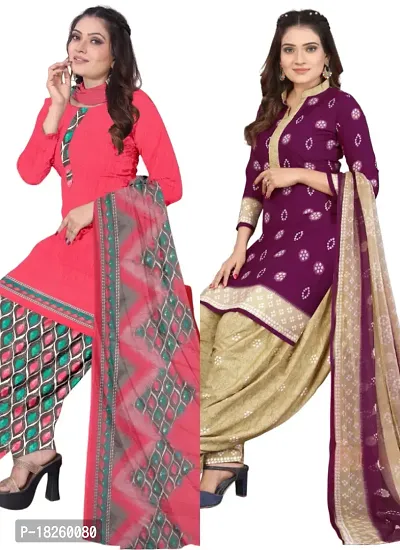 Pink  Purple Crepe Printed Dress Material with Dupatta For Women (Combo pack of 2)-thumb0