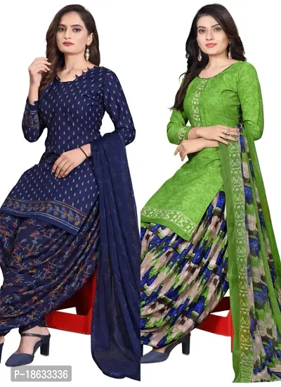 Navy Blue  Green Crepe Printed Dress Material with Dupatta For Women (Combo pack of 2)