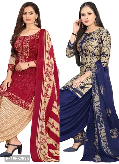 Red  Beige Crepe Printed Dress Material with Dupatta For Women (Combo pack of 2)