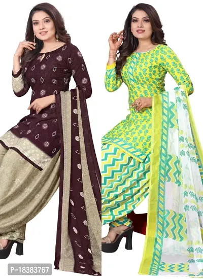 Wine  Yellow Crepe Printed Dress Material with Dupatta For Women (Combo pack of 2)-thumb0