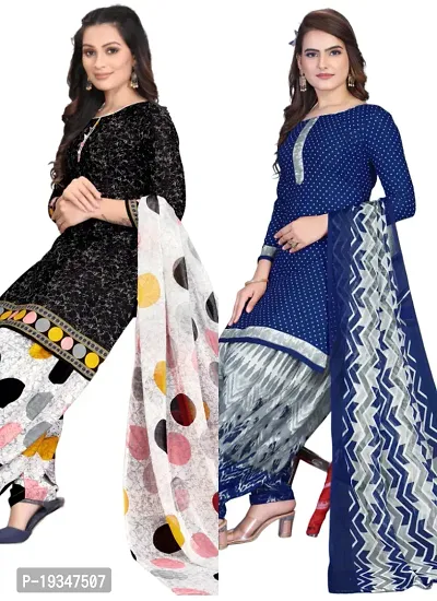 Black  Navy Blue Crepe Printed Dress Material with Dupatta For Women (Combo pack of 2)-thumb0