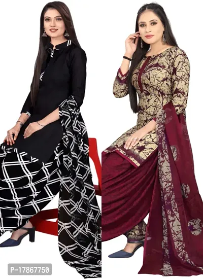 Black  Beige Crepe Printed Dress Material with Dupatta For Women (Combo pack of 2)