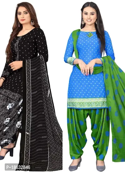 Black  Blue Crepe Printed Dress Material with Dupatta For Women (Combo pack of 2)