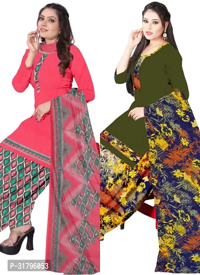 Elegant Multicoloured Cotton Printed Dress Material with Dupatta For Women (Combo Pack of 2)-thumb0