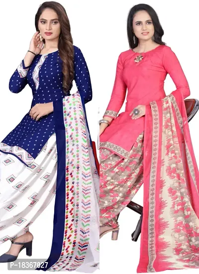 Navy Blue  Pink Crepe Printed Dress Material with Dupatta For Women (Combo pack of 2)