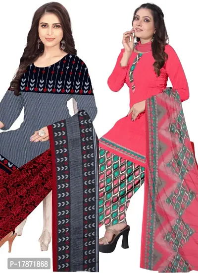 Grey  Pink Crepe Printed Dress Material with Dupatta For Women (Combo pack of 2)-thumb0