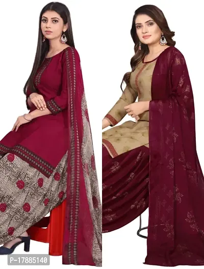 Maroon  Beige Crepe Printed Dress Material with Dupatta For Women (Combo pack of 2)-thumb0