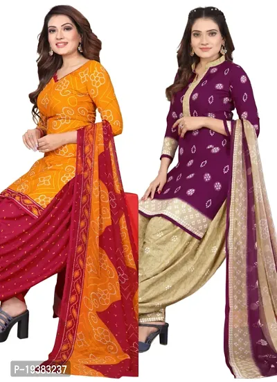 Orange  Purple Crepe Printed Dress Material with Dupatta For Women (Combo pack of 2)-thumb0