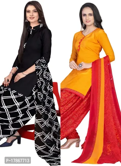 Black  Yellow Crepe Printed Dress Material with Dupatta For Women (Combo pack of 2)-thumb0