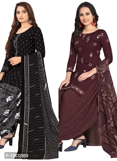 Black  Wine Crepe Printed Dress Material with Dupatta For Women (Combo pack of 2)