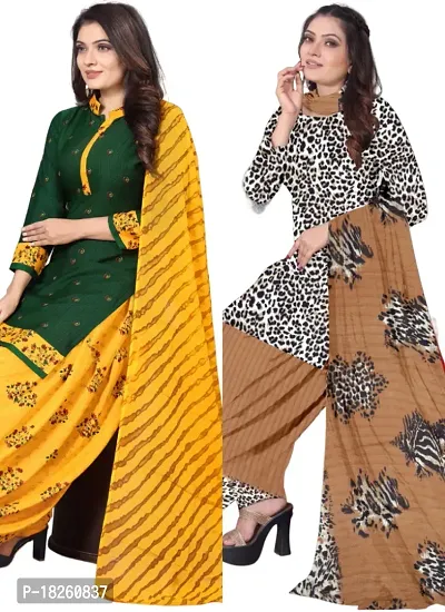 Green  White Crepe Printed Dress Material with Dupatta For Women (Combo pack of 2)