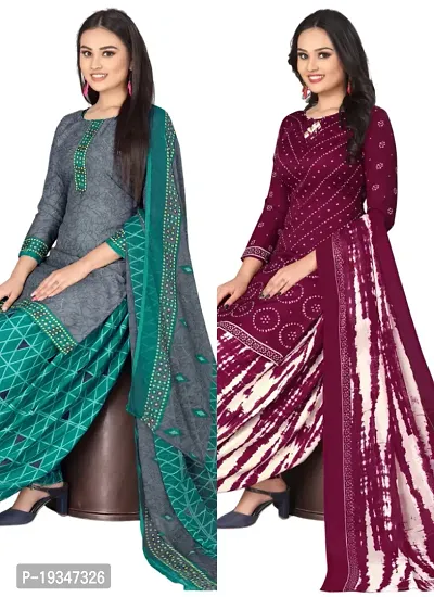 Grey  Maroon Crepe Printed Dress Material with Dupatta For Women (Combo pack of 2)-thumb0