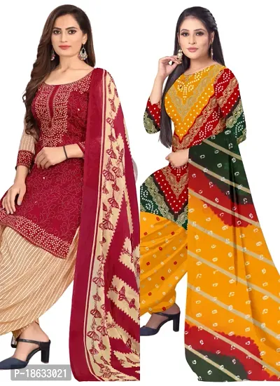 Red  Multicolor Crepe Printed Dress Material with Dupatta For Women (Combo pack of 2)