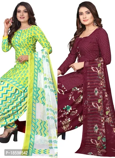 Yellow  Maroon Crepe Printed Dress Material with Dupatta For Women (Combo pack of 2)-thumb0