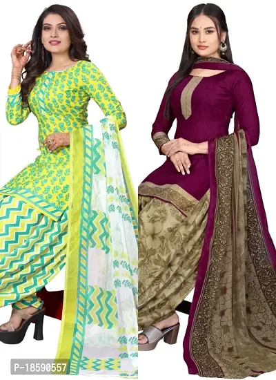 Yellow  Wine Crepe Printed Dress Material with Dupatta For Women (Combo pack of 2)