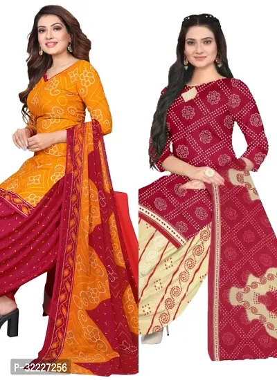 Elegant Multicoloured Cotton Printed Dress Material with Dupatta For Women (Combo Pack of 2)-thumb0