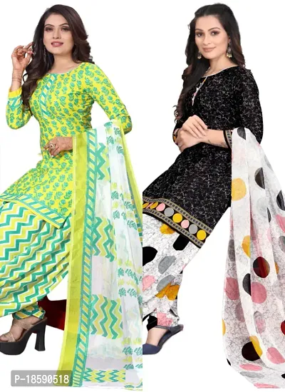 Yellow  Black Crepe Printed Dress Material with Dupatta For Women (Combo pack of 2)