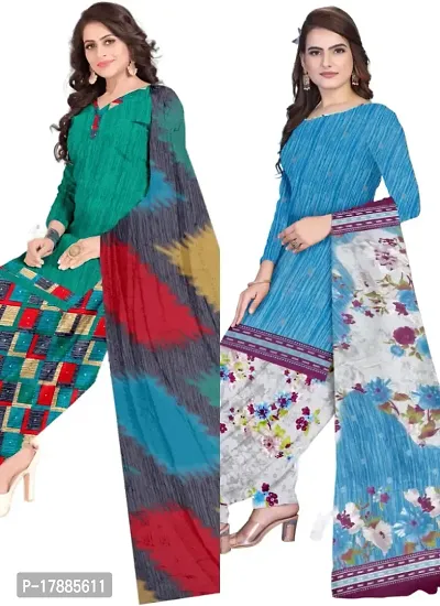 Turquoise  Blue Crepe Printed Dress Material with Dupatta For Women (Combo pack of 2)-thumb0