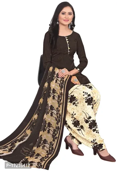 Elegant Brown Crepe Printed Dress Material with Dupatta For Women