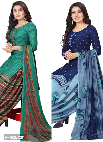 Turquoise  Blue Crepe Printed Dress Material with Dupatta For Women (Combo pack of 2)-thumb0