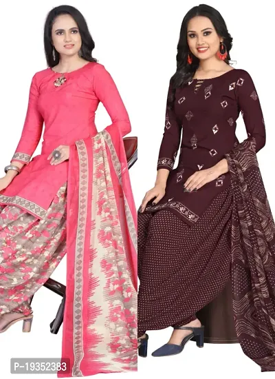 Pink  Wine Crepe Printed Dress Material with Dupatta For Women (Combo pack of 2)-thumb0