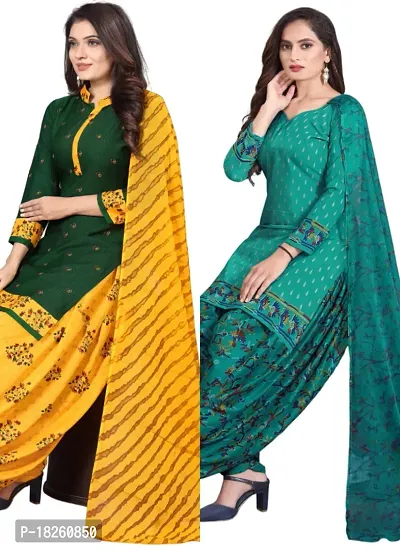 Green  Teal Crepe Printed Dress Material with Dupatta For Women (Combo pack of 2)-thumb0