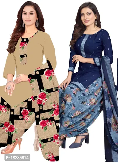 Beige  Blue Crepe Printed Dress Material with Dupatta For Women (Combo pack of 2)