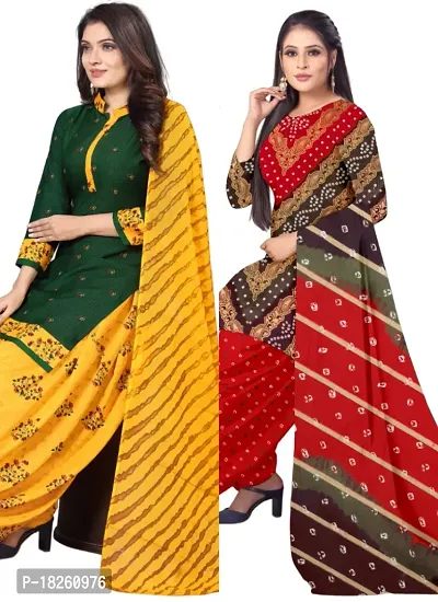 Green  Multicolor Crepe Printed Dress Material with Dupatta For Women (Combo pack of 2)