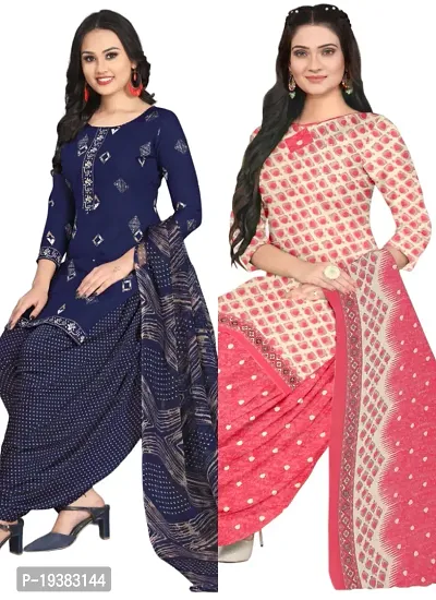 Navy Blue  Pink Crepe Printed Dress Material with Dupatta For Women (Combo pack of 2)-thumb0