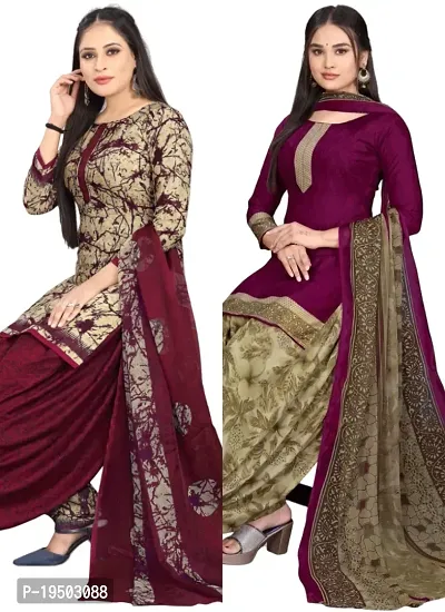 Beige  Wine Crepe Printed Dress Material with Dupatta For Women (Combo pack of 2)-thumb0