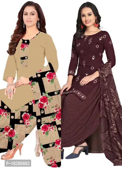 Beige  Wine Crepe Printed Dress Material with Dupatta For Women (Combo pack of 2)